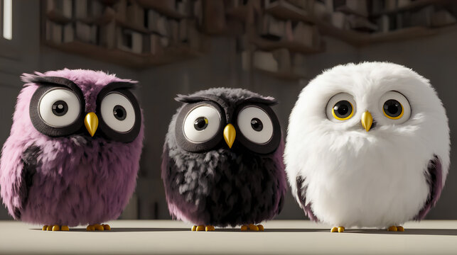 3D rendered set of three cute fluffy derpy and quirky owls, in pink, black and white, made with generative AI