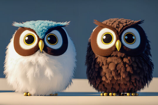 3D rendered cute fluffy and quirky owls, looking serious, blue and brown birdsmade with generative AI