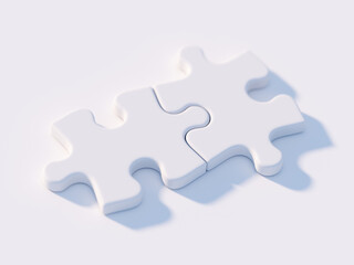 Two connected white puzzle pieces on white - 3d rendering - obrazy, fototapety, plakaty