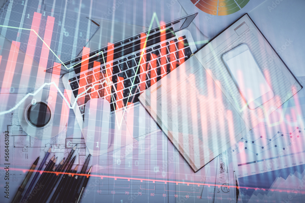 Poster Multi exposure of forex chart drawing over table background with computer. Concept of financial research and analysis. Top view.
