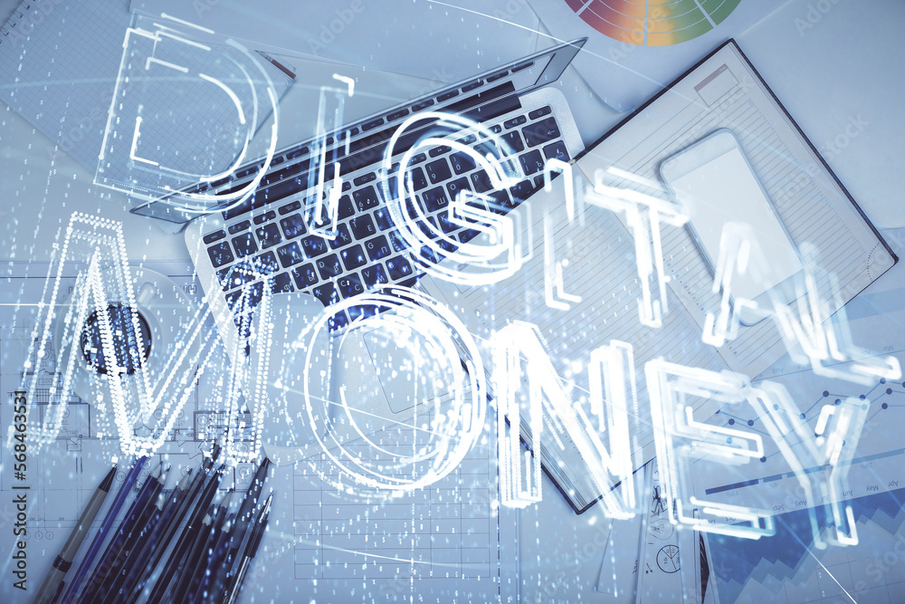 Aufkleber blockchain theme hologram drawings over computer on the desktop background. top view. multi exposure
