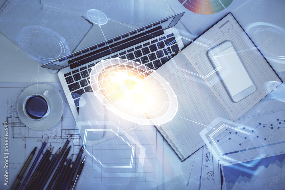 Poster Blockchain theme hologram drawings over computer on the desktop background. Top view. Multi exposure. Concept of cryptoeconomy.