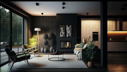 Modern home interior, warm sofa and fireplace