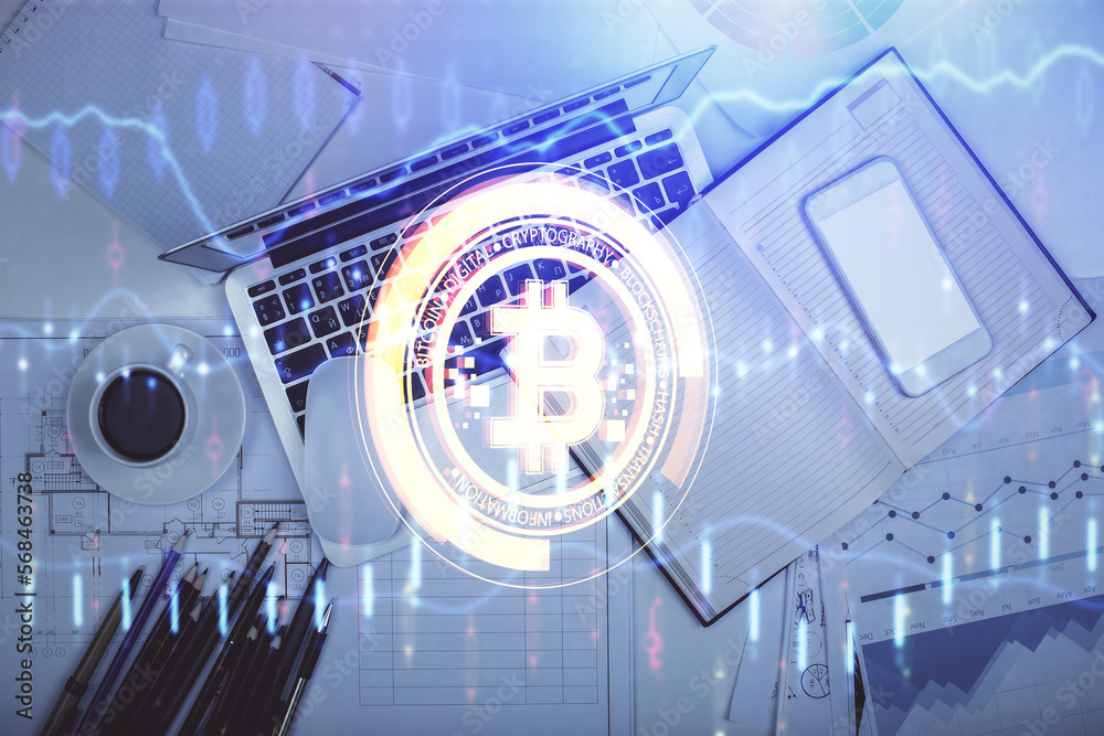 Poster Blockchain theme hologram drawings over computer on the desktop background. Top view. Multi exposure. Concept of cryptoeconomy.