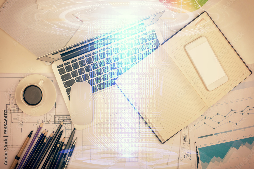 Poster Multi exposure of data drawing hologram over topview of study desk background with computer. Concept of technology.