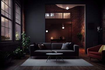 Modern dark home interior background loft interior, generative AI