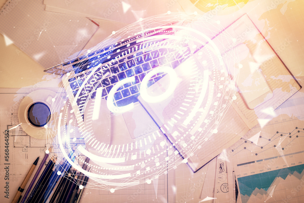 Poster blockchain theme hologram drawings over computer on the desktop background. top view. multi exposure