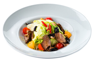 Meat salad with beef slices, cherry tomatoes, oranges, prunes, lettuces, chili, cashews.