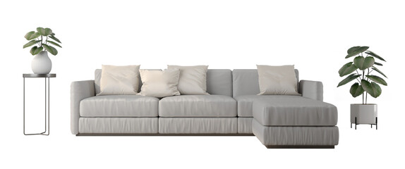 Modern grey sofa with pillow and plant pot