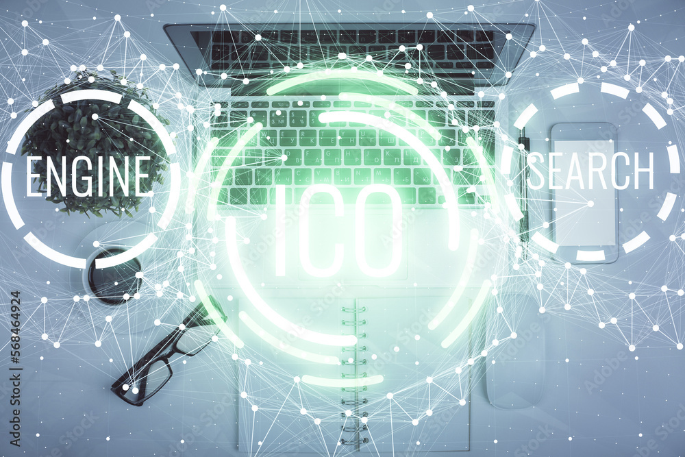 Poster Blockchain theme hologram drawings over computer on the desktop background. Top view. Multi exposure. Concept of cryptoeconomy.