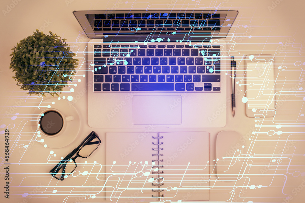 Poster Double exposure of data drawing hologram over topview of study desk background with computer. Concept of Ai.