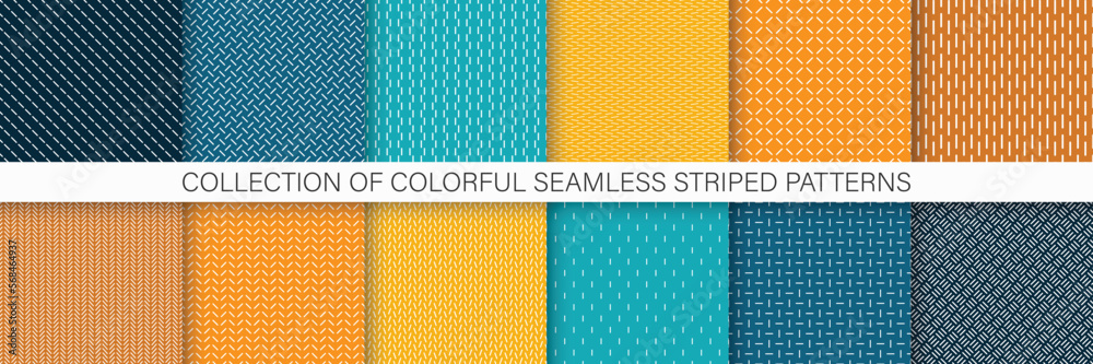 Aufkleber Collection of colorful dash minimalistic seamless patterns - geometric design. Repeatable simple striped backgrounds, textile unusual prints. Endless linear textures.