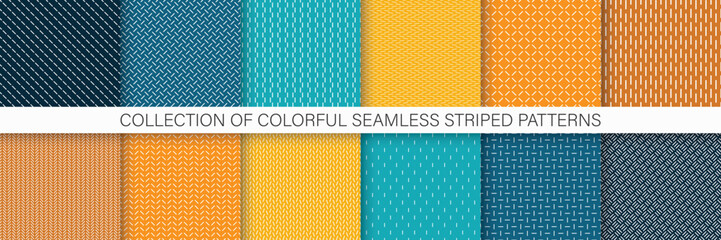 Collection of colorful dash minimalistic seamless patterns - geometric design. Repeatable simple striped backgrounds, textile unusual prints. Endless linear textures. - obrazy, fototapety, plakaty