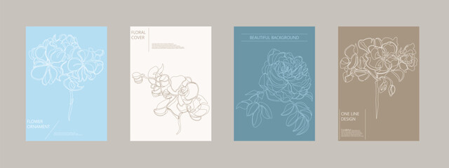 Naklejka na ściany i meble Set of drawing floral covers, templates, placards, brochures, banners, flyers and etc. Beautiful color backgrounds, postcards, posters, invitation etc. Elegant cards with outline flowers.