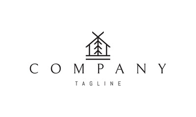 Vector logo on which an abstract image of a hut with a pine tree inside.