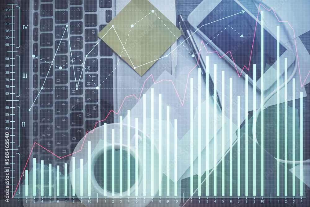 Poster Double exposure of financial chart drawing over table background with computer. Concept of research and analysis. Top view.
