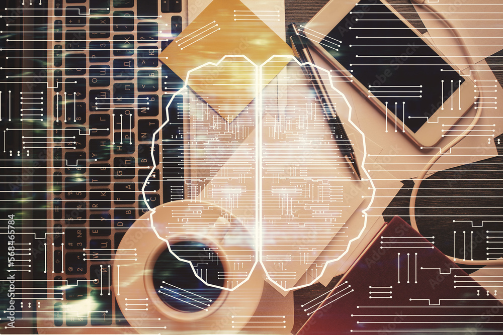 Poster Multi exposure of brain sketch hologram over topview work table background with computer. Concept of big data.