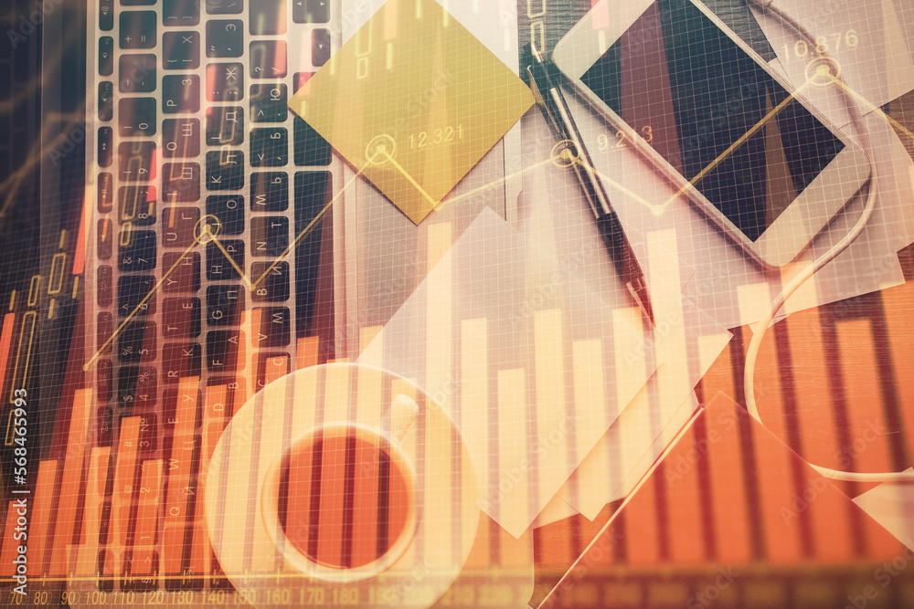 Fototapete Double exposure of financial chart drawing over table background with computer. Concept of research and analysis. Top view.