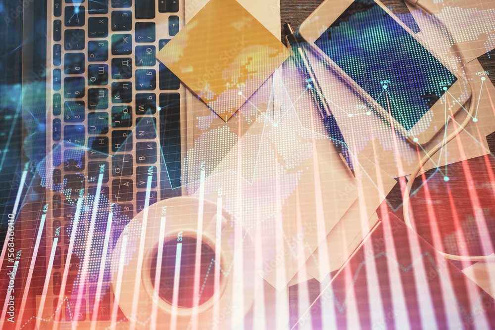 Aufkleber Double exposure of financial chart drawing over table background with computer. Concept of research and analysis. Top view.
