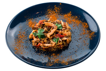 Asian food noodles with mushrooms, tomatoes, onions, peppers, spices and herbs isolated on white.