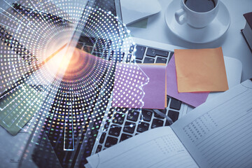 Multi exposure of brain sketch hologram over topview work table background with computer. Concept...
