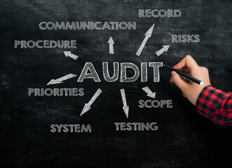 Hand points to text Audit and components on chalkboard