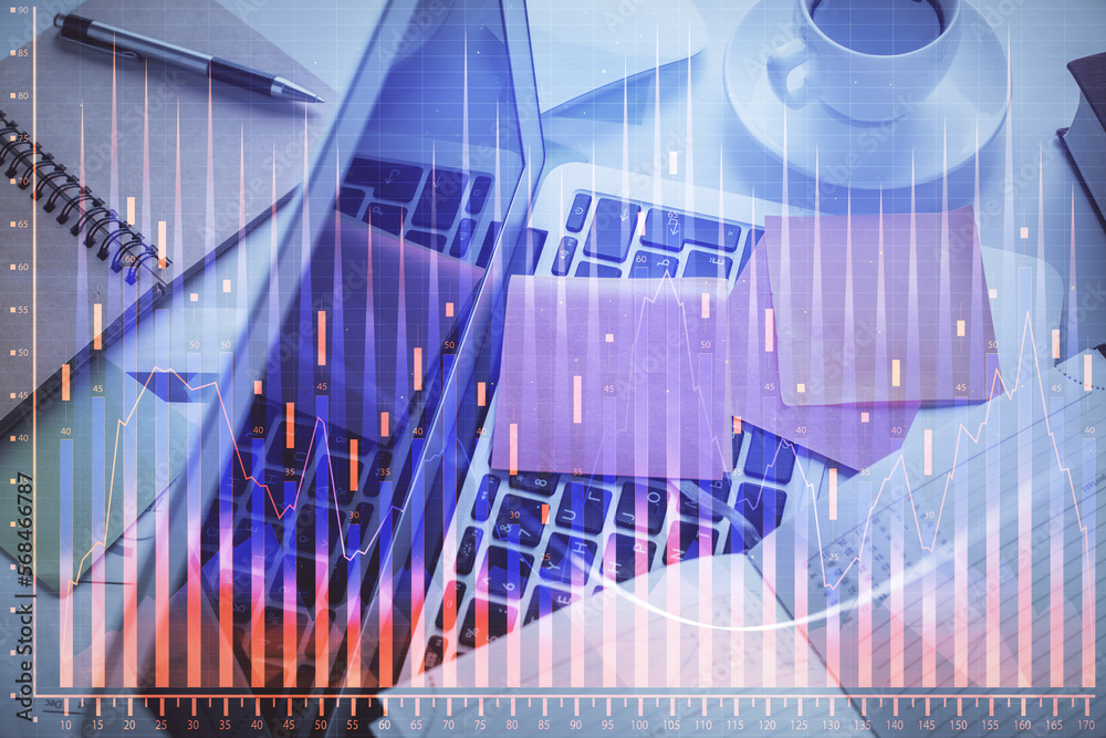 Aufkleber Multi exposure of financial chart drawing over table background with computer. Concept of research and analysis. Top view.