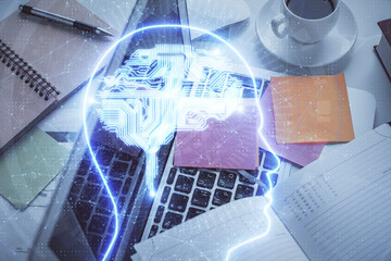 Multi exposure of brain sketch hologram over topview work table background with computer. Concept of big data.