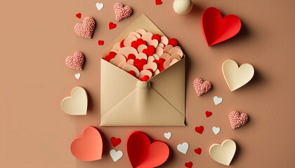 Valentine's love card with white many hearts with paper heart-shaped red, pink and white, generative ai