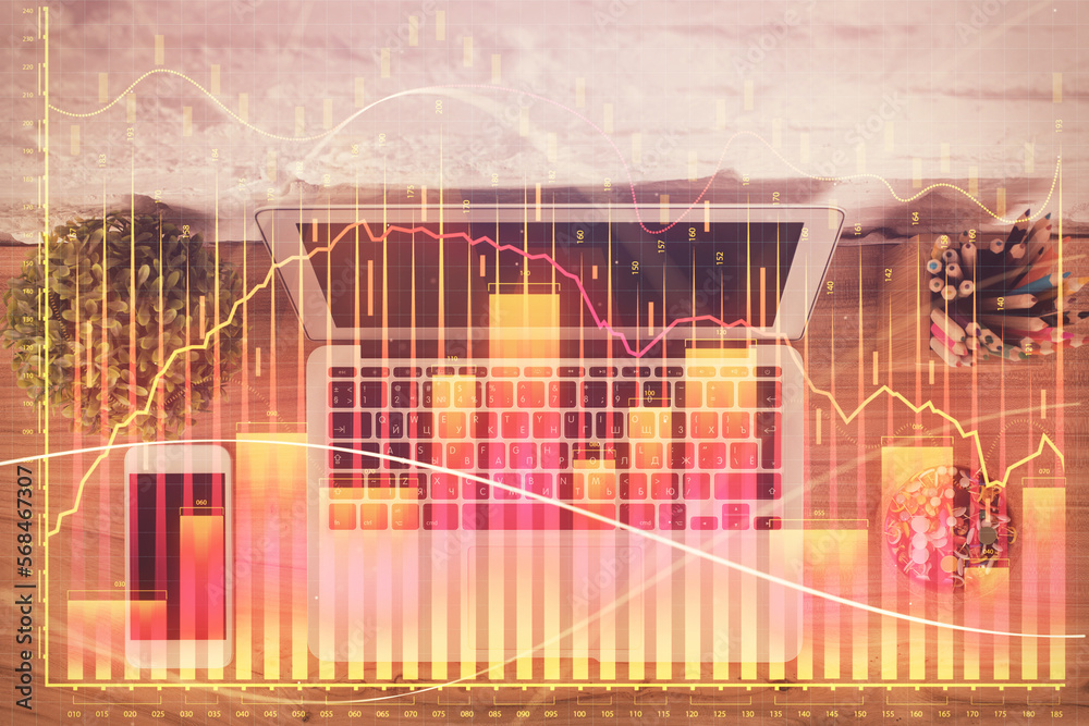 Aufkleber Multi exposure of financial chart drawing over table background with computer. Concept of research and analysis. Top view.