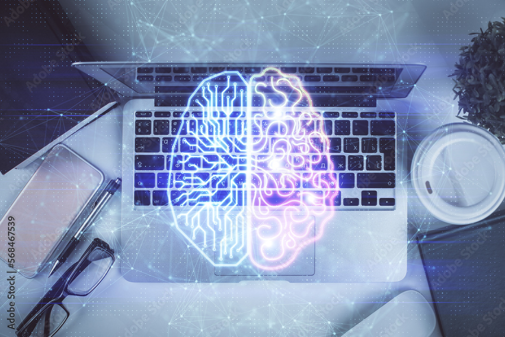 Aufkleber Multi exposure of brain sketch hologram over topview work table background with computer. Concept of big data.
