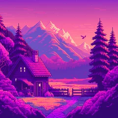 Foto auf Acrylglas Violett Mountain landscape with a house near the lake