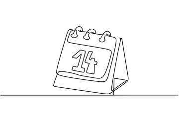 14th calendar valentine day continuous line drawing. One line art of calendar, memorable date, countdown, holiday, weekday and weekend. vector illustration	