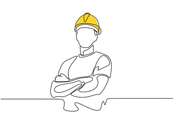 Single continuous line drawing of young construction worker. Building architecture business concept. One line draw design vector - obrazy, fototapety, plakaty
