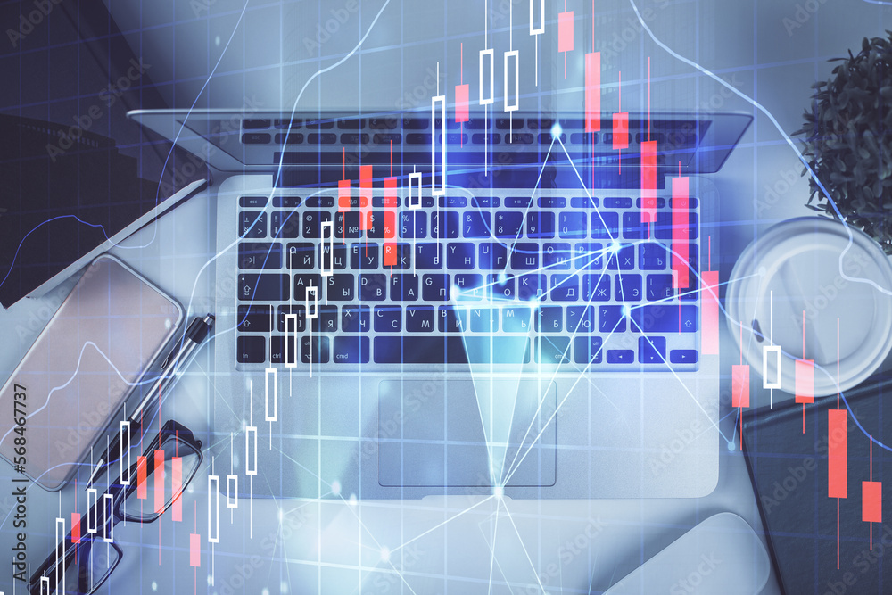 Aufkleber Multi exposure of financial chart drawing over table background with computer. Concept of research. Top view.