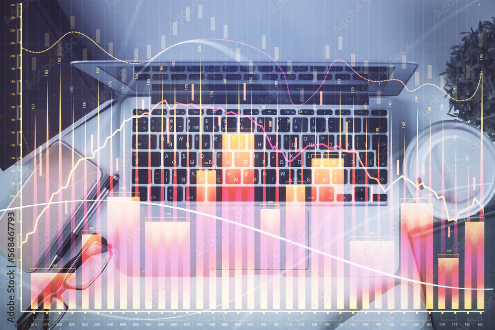 Aufkleber Multi exposure of financial chart drawing over table background with computer. Concept of research. Top view.