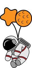 Web cute little astronaut, flying in a hot air balloon in the shape of a star and moon, advanced outer space technology illustration