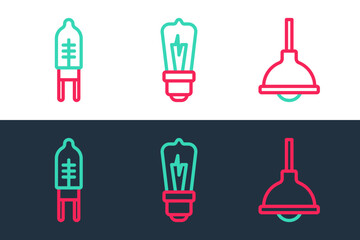 Set line Lamp hanging, Light emitting diode and bulb icon. Vector