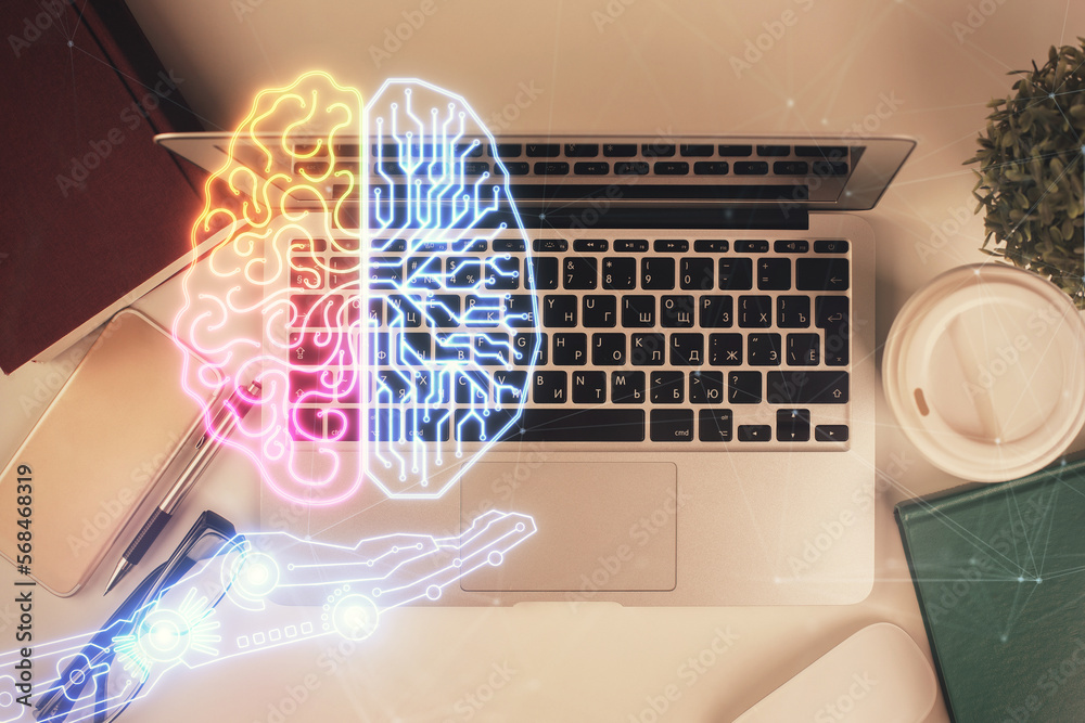 Aufkleber Multi exposure of brain sketch hologram over topview work table background with computer. Concept of big data.