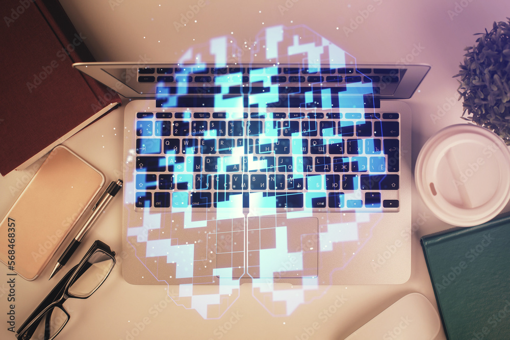 Poster Double exposure of data theme drawing hologram over topview work table background with computer. Concept of technology.