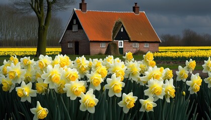 Daffodils, also known as Narcissus, are popular spring-blooming flowers in the Netherlands. They are commonly grown for their bright yellow trumpet-shaped blooms, generative artificial intelligence 