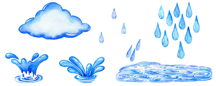 Water drops on white, watercolor blue clouds, rain, puddle, drops, wet weather set