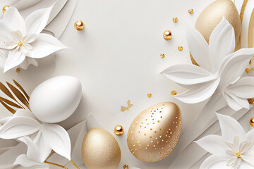 Styled feminine Easter scene with white and gold eggs and lilies, sprinkled by glitter. Created with Generative AI technology.