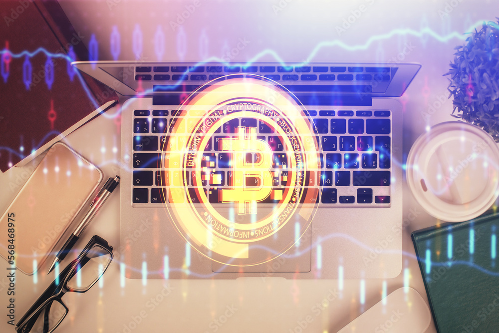 Aufkleber blockchain theme hologram drawings over computer on the desktop background. top view. double exposur