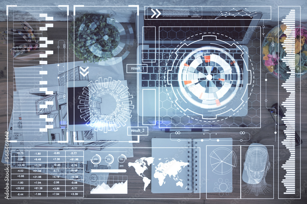 Aufkleber Double exposure of data theme drawing hologram over topview work table background with computer. Concept of technology.