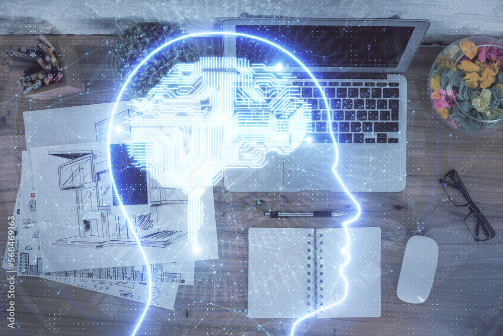 Aufkleber Double exposure of brain drawing hologram over topview work table background with computer. Concept of big data.