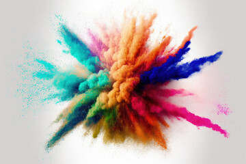 Obraz na płótnie Canvas Multicolored glitter texture, abstract powder splatter on white background, and freeze motion of color powder exploding throwing action. Generative AI