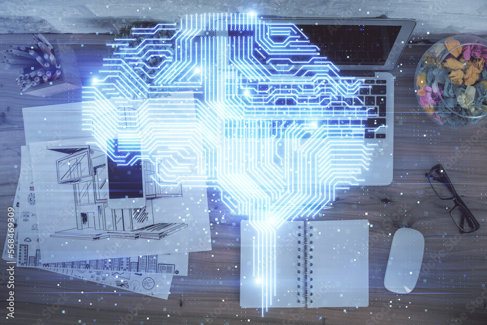 Aufkleber Double exposure of brain drawing hologram over topview work table background with computer. Concept of big data.