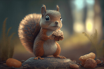 Obraz premium Ein Chibi Eichhörnchen mit einer Nuss