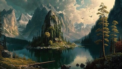 Monumental fantasy mountains in the clouds, generative artificial intelligence 